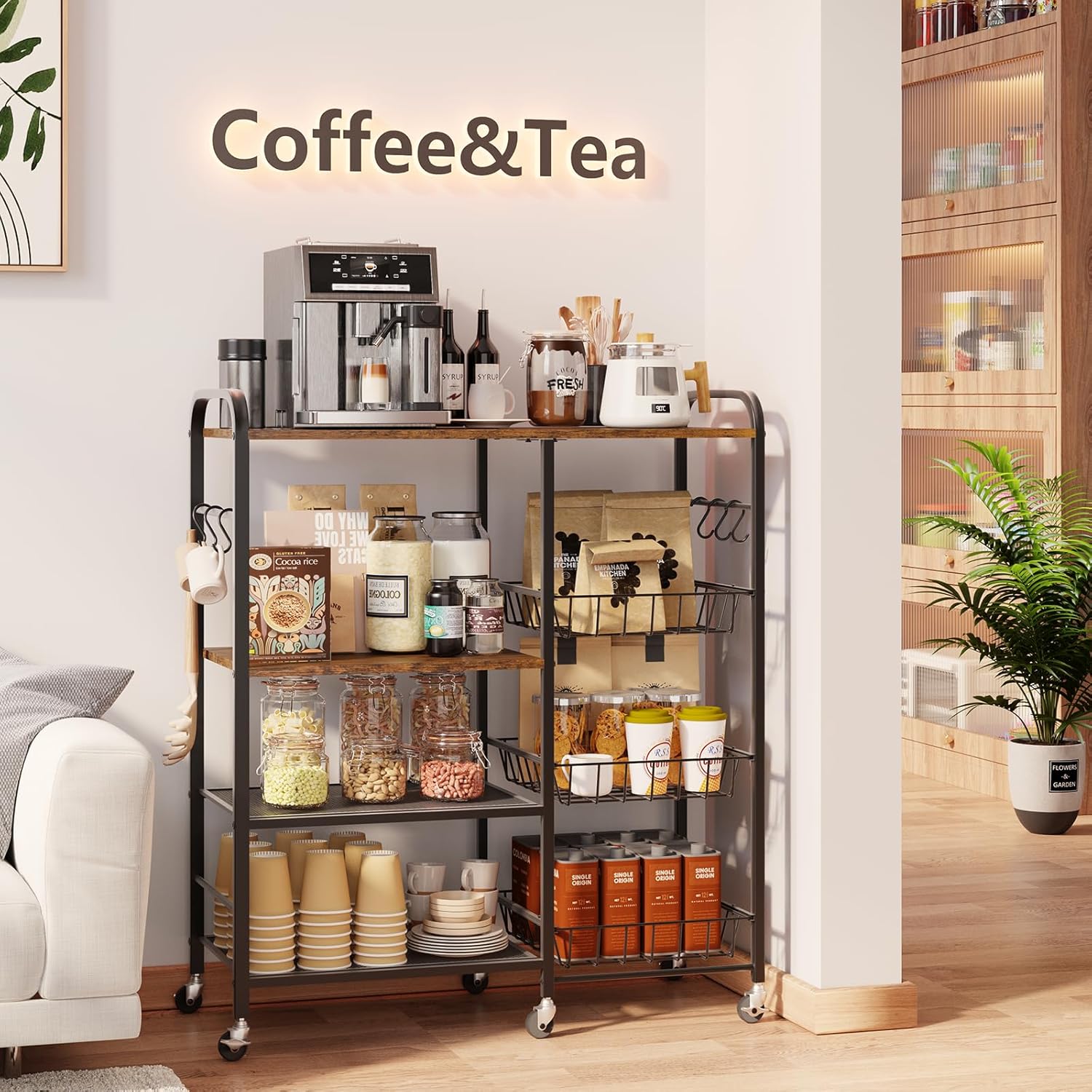 Rolling Kitchen Microwave Cart - 4 Tier Microwave Table Stand with Pull-Out Baskets, Coffee Bar Baker's Rack with Wheels