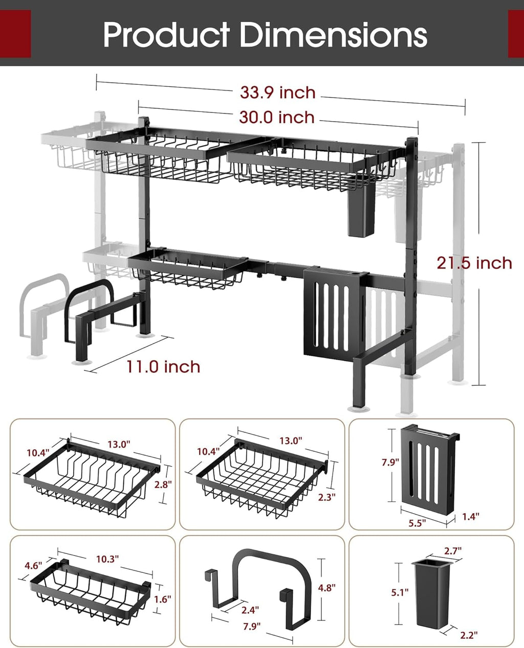 Over The Sink Dish Drying Rack - Adjustable 2 Tier Large Capacity Stainless Steel Drainer with Cutlery & Utensil Holders