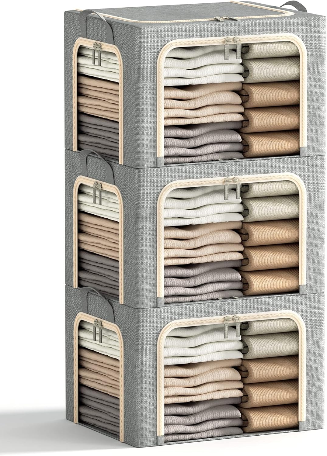 Clothing Storage Bins with Lid, Linen Storage Box With Clear Window＆ Zippers＆ Durable Handles.(3 Pcs,Light Grey,40L)
