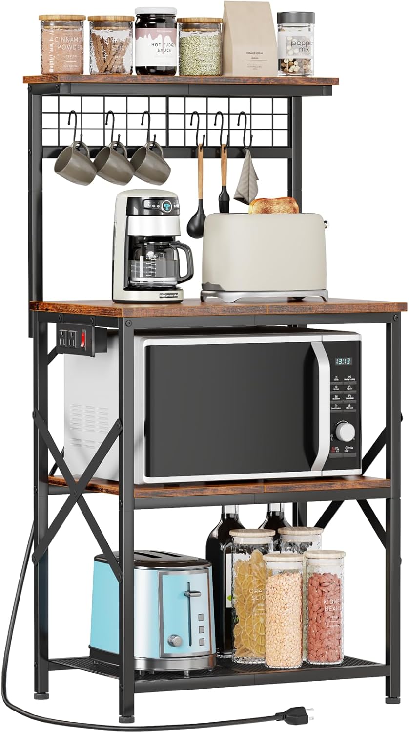 Kitchen Bakers Rack with Power Outlet, Microwave Oven Stand with Storage 4 Tiers