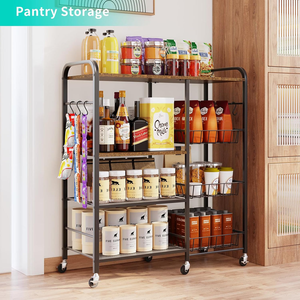 Rolling Kitchen Microwave Cart - 4 Tier Microwave Table Stand with Pull-Out Baskets, Coffee Bar Baker's Rack with Wheels