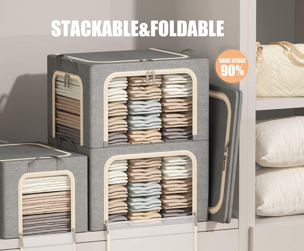Clothing Storage Bins with Lid, Linen Storage Box With Clear Window＆ Zippers＆ Durable Handles.(3 Pcs,Light Grey,40L)
