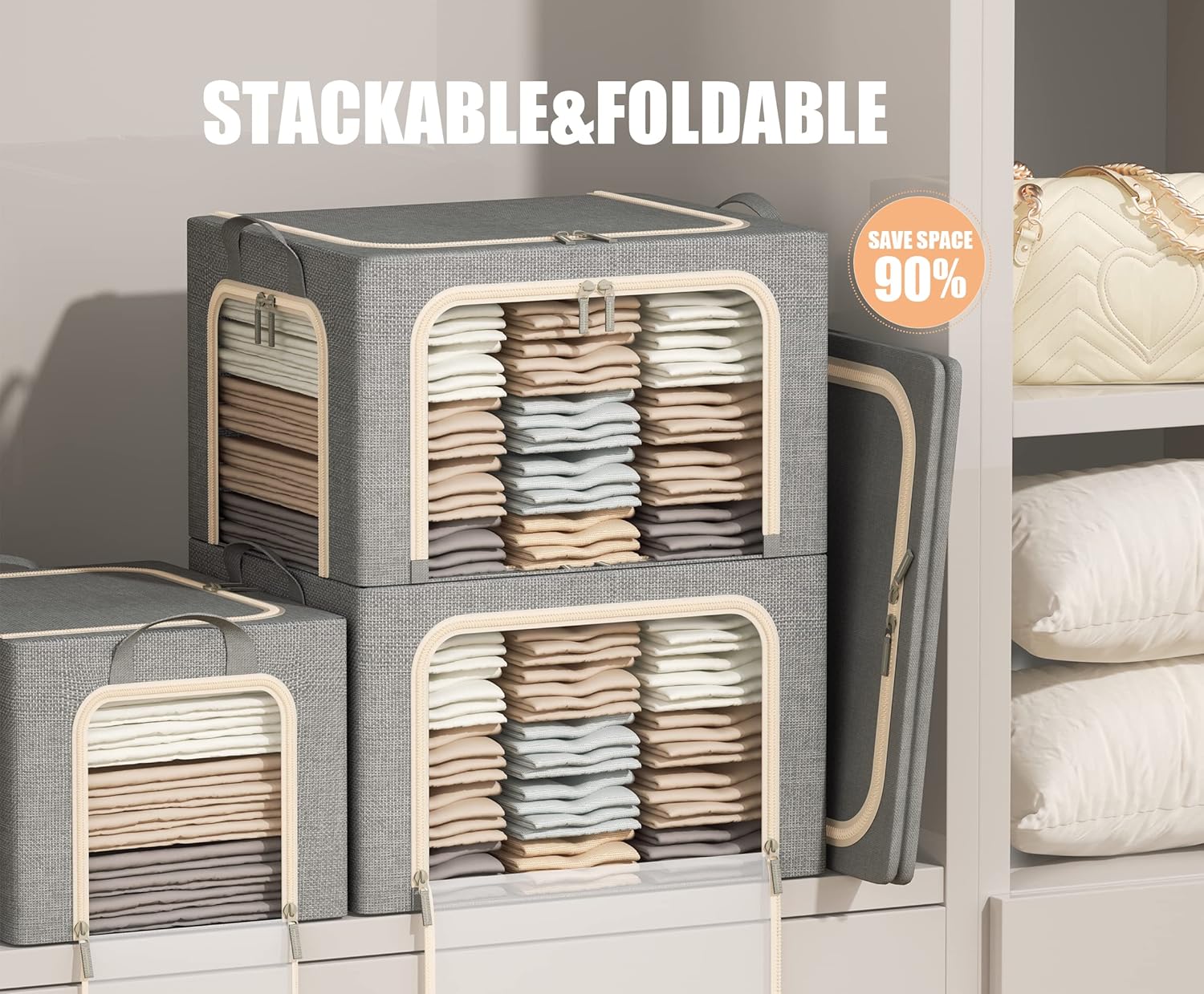 Clothing Storage Bins with Lid, Linen Storage Box With Clear Window＆ Zippers＆ Durable Handles.(3 Pcs,Light Grey,40L)