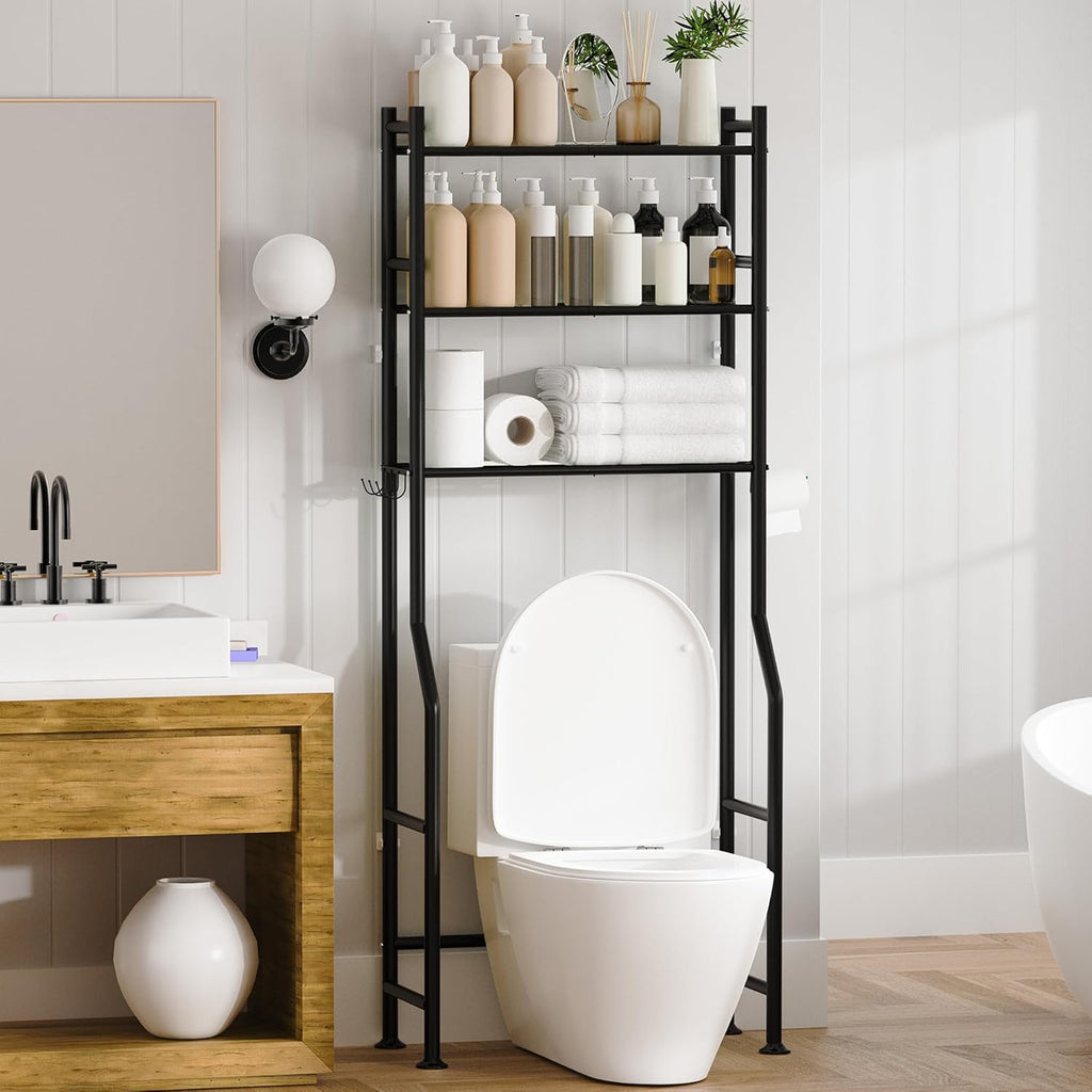 3-Tier Over The Toilet Storage, Space Saver Metal Bathroom Shelves, Freestanding Above Over Toilet Storage Shelf with 4 Hooks for Bathroom