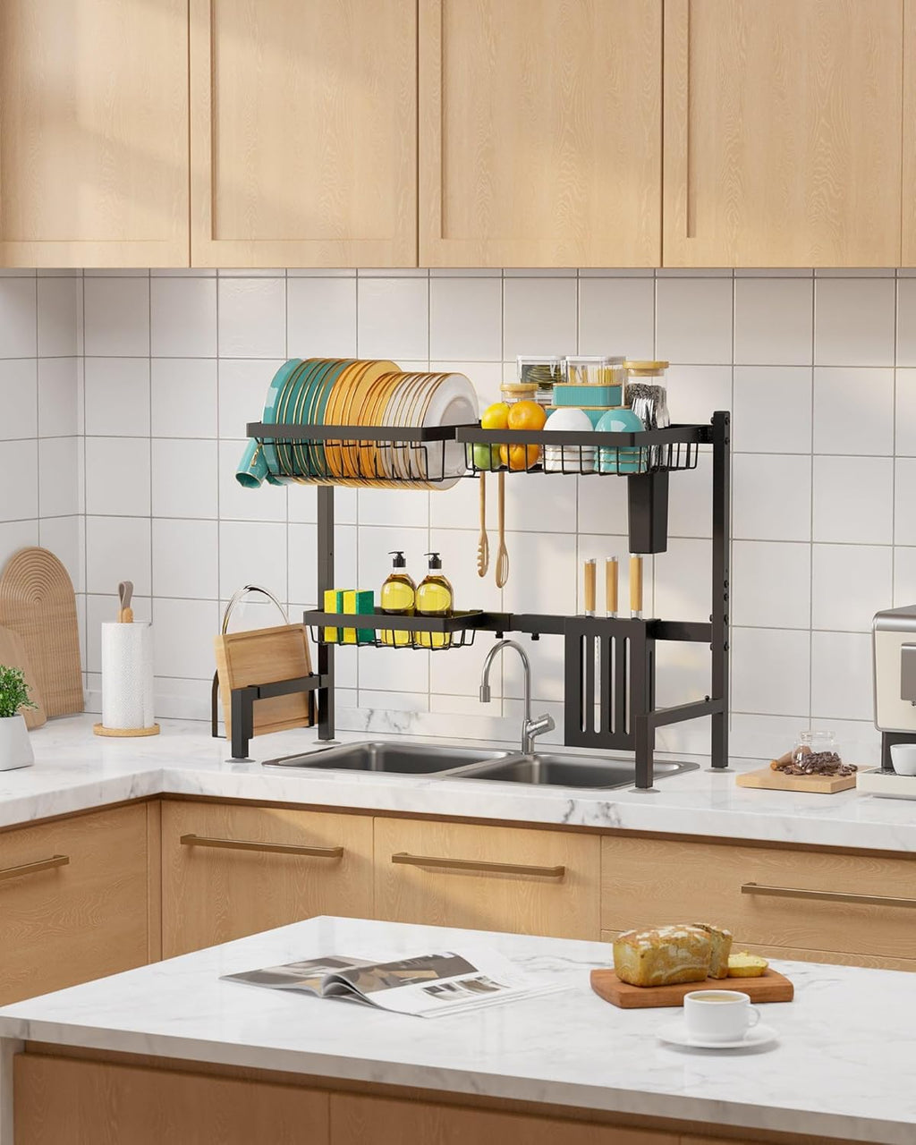 Over The Sink Dish Drying Rack - Adjustable 2 Tier Large Capacity Stainless Steel Drainer with Cutlery & Utensil Holders