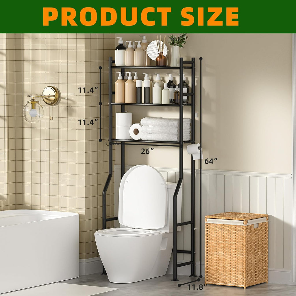 3-Tier Over The Toilet Storage, Space Saver Metal Bathroom Shelves, Freestanding Above Over Toilet Storage Shelf with 4 Hooks for Bathroom