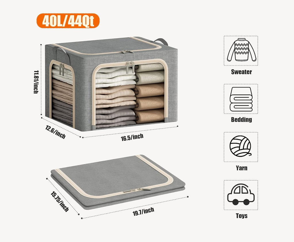 Clothing Storage Bins with Lid, Linen Storage Box With Clear Window＆ Zippers＆ Durable Handles.(3 Pcs,Light Grey,40L)