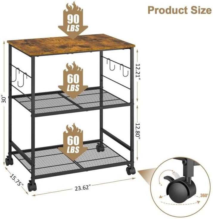 Rolling Kitchen Microwave Cart, 3 Tier Microwave Table Stand with Storage, Kitchen Utility Cart on Lockable Wheels