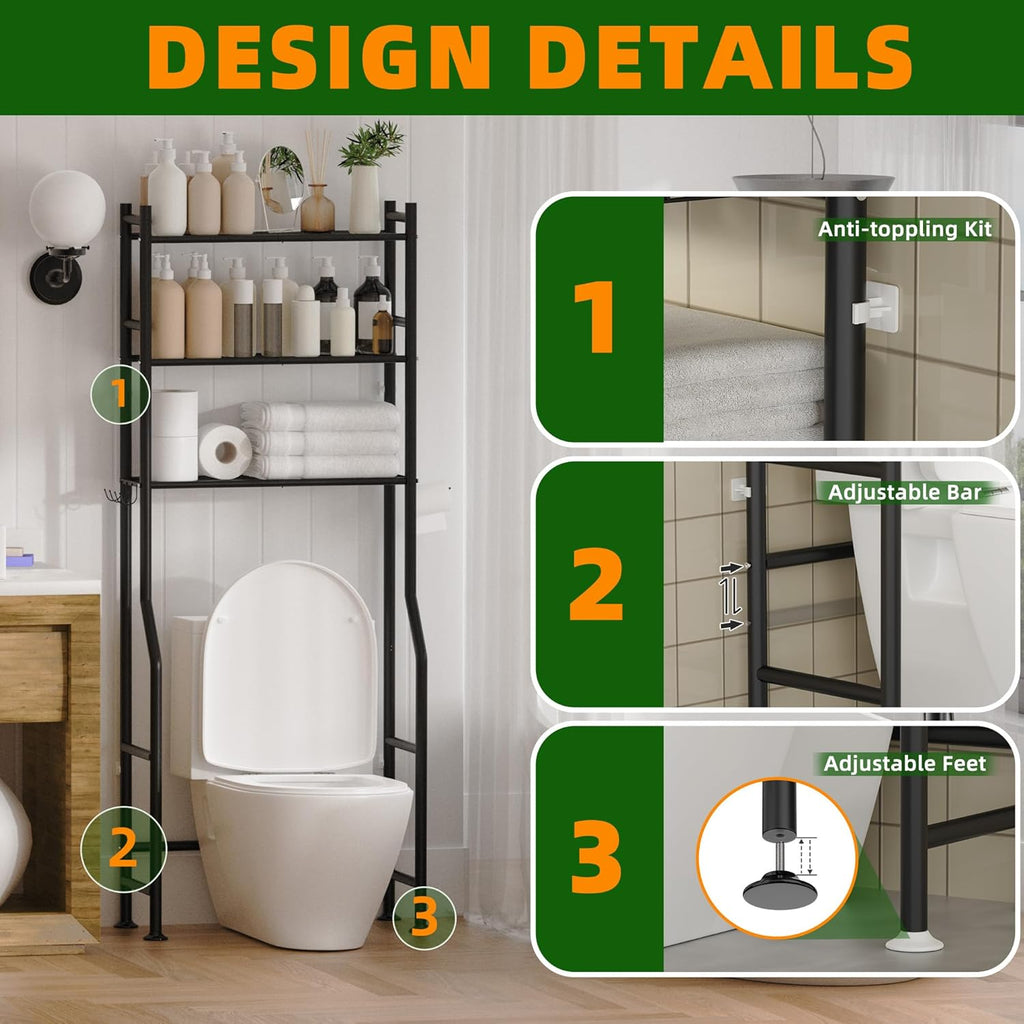 3-Tier Over The Toilet Storage, Space Saver Metal Bathroom Shelves, Freestanding Above Over Toilet Storage Shelf with 4 Hooks for Bathroom