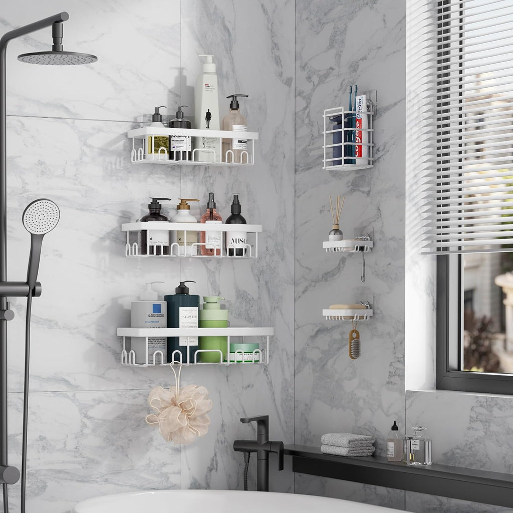 6-Pack Rustproof&Waterproof Shower Caddy, Adhesive Shelves Rack with Soap Holder, Large Bathroom & Washroom Organizer, No Drilling Wall-Mounted