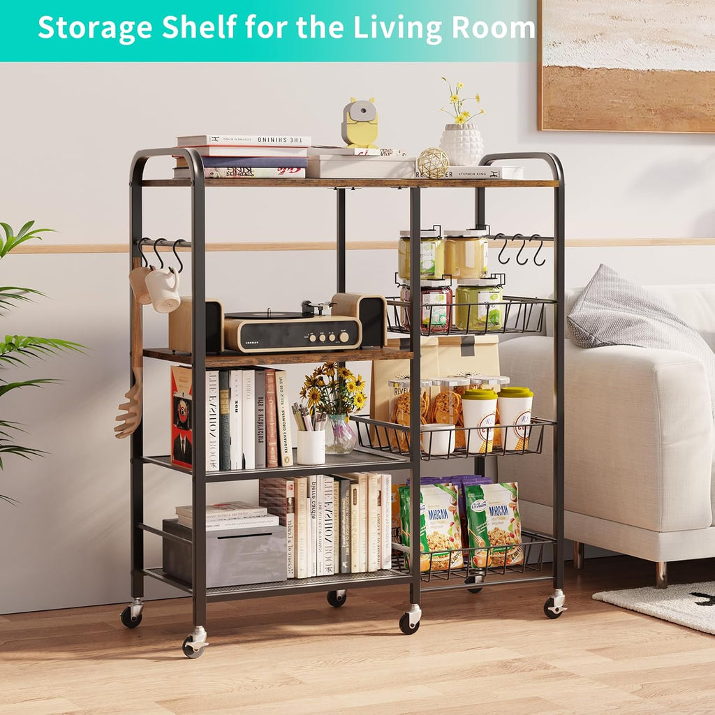 Rolling Kitchen Microwave Cart - 4 Tier Microwave Table Stand with Pull-Out Baskets, Coffee Bar Baker's Rack with Wheels