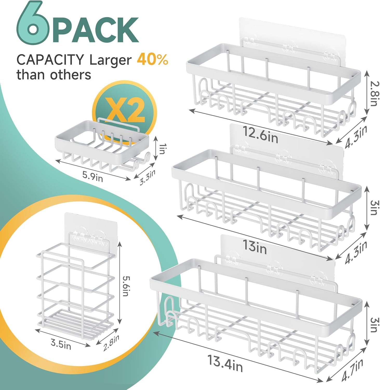 6-Pack Rustproof&Waterproof Shower Caddy, Adhesive Shelves Rack with Soap Holder, Large Bathroom & Washroom Organizer, No Drilling Wall-Mounted