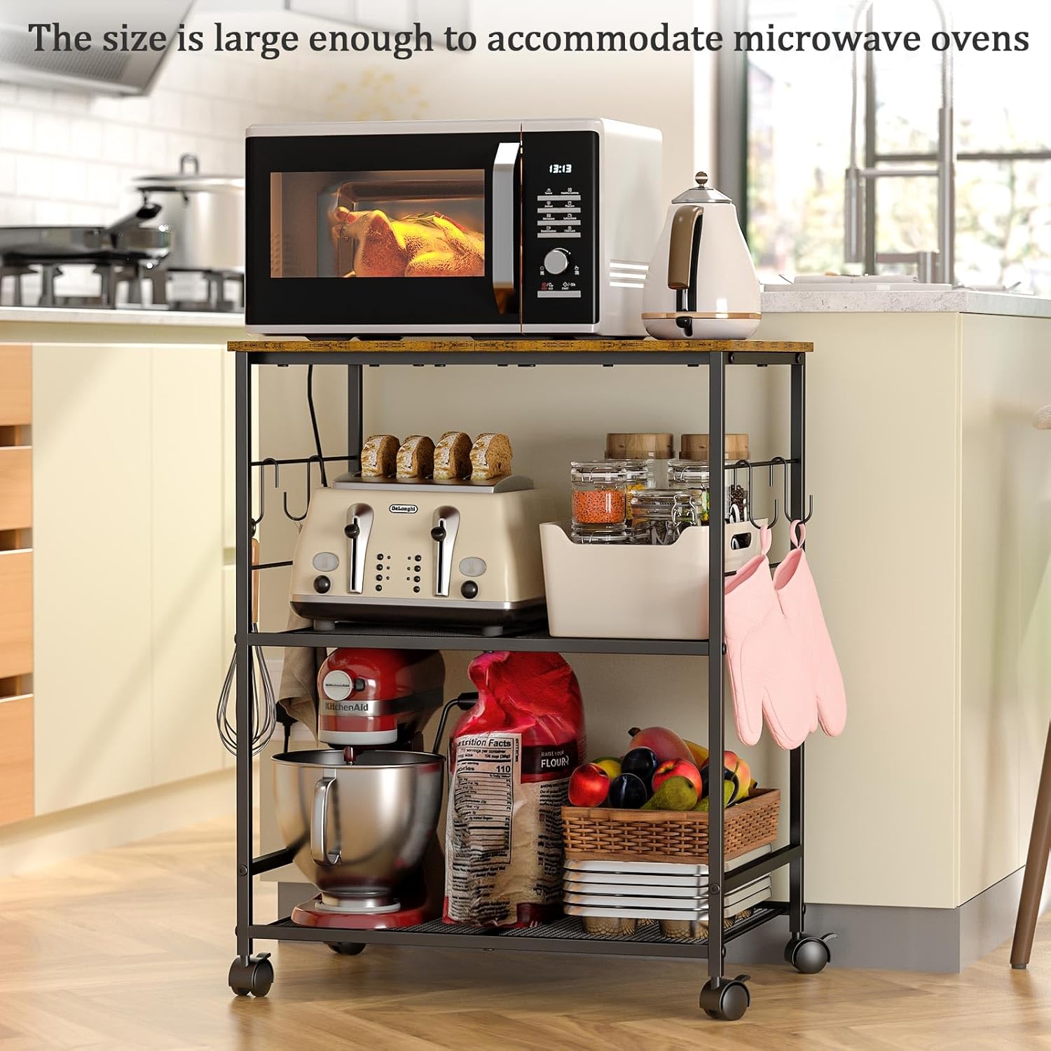 Rolling Kitchen Microwave Cart, 3 Tier Microwave Table Stand with Storage, Kitchen Utility Cart on Lockable Wheels
