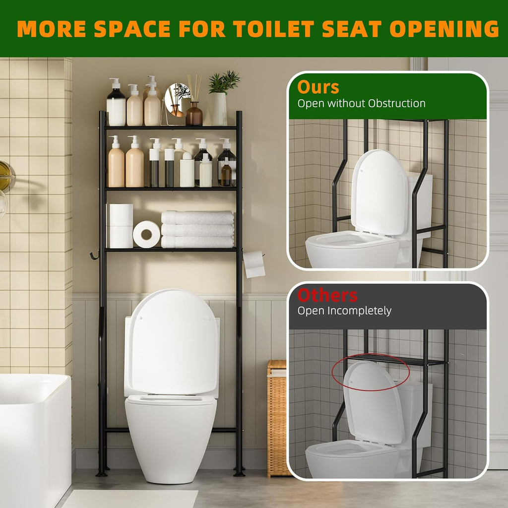3-Tier Over The Toilet Storage, Space Saver Metal Bathroom Shelves, Freestanding Above Over Toilet Storage Shelf with 4 Hooks for Bathroom