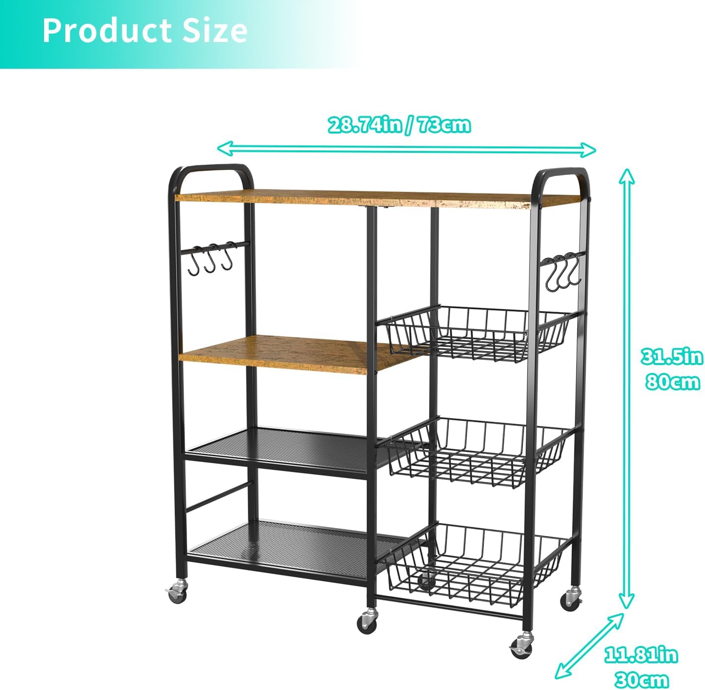 Rolling Kitchen Microwave Cart - 4 Tier Microwave Table Stand with Pull-Out Baskets, Coffee Bar Baker's Rack with Wheels