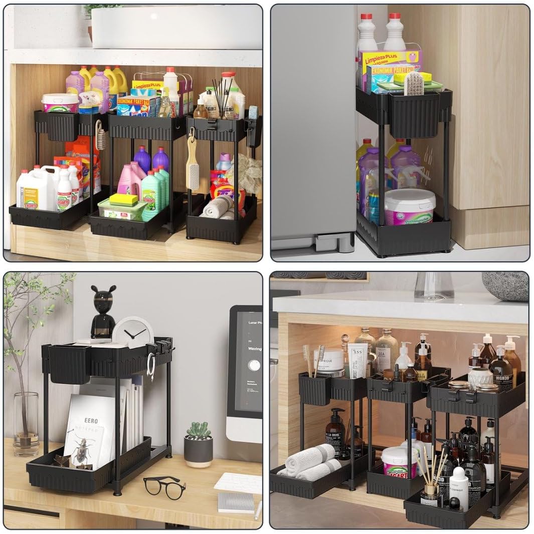 3 Pack Under Sink Organizers, 2-Tier Multi-Use Kitchen and Bathroom Organizers and Storage with Sliding Drawers