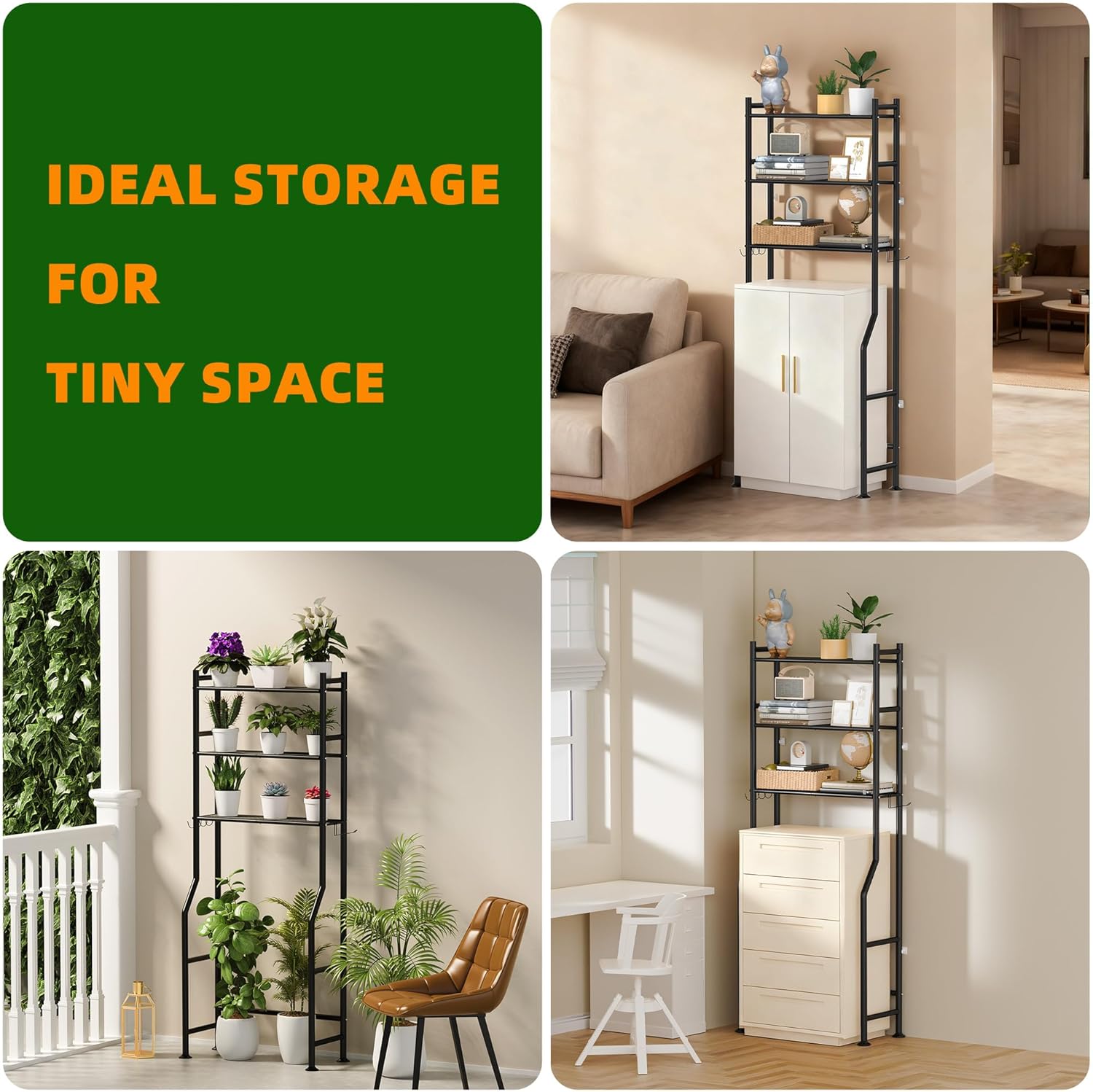 3-Tier Over The Toilet Storage, Space Saver Metal Bathroom Shelves, Freestanding Above Over Toilet Storage Shelf with 4 Hooks for Bathroom