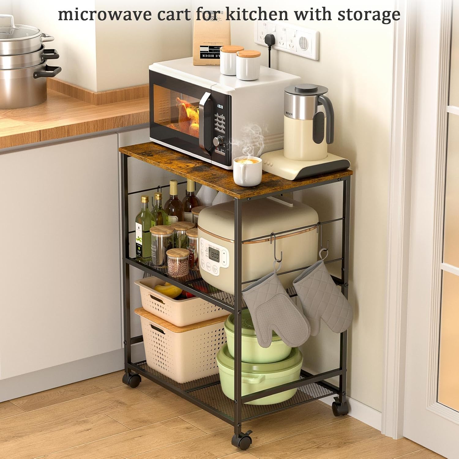 Rolling Kitchen Microwave Cart, 3 Tier Microwave Table Stand with Storage, Kitchen Utility Cart on Lockable Wheels