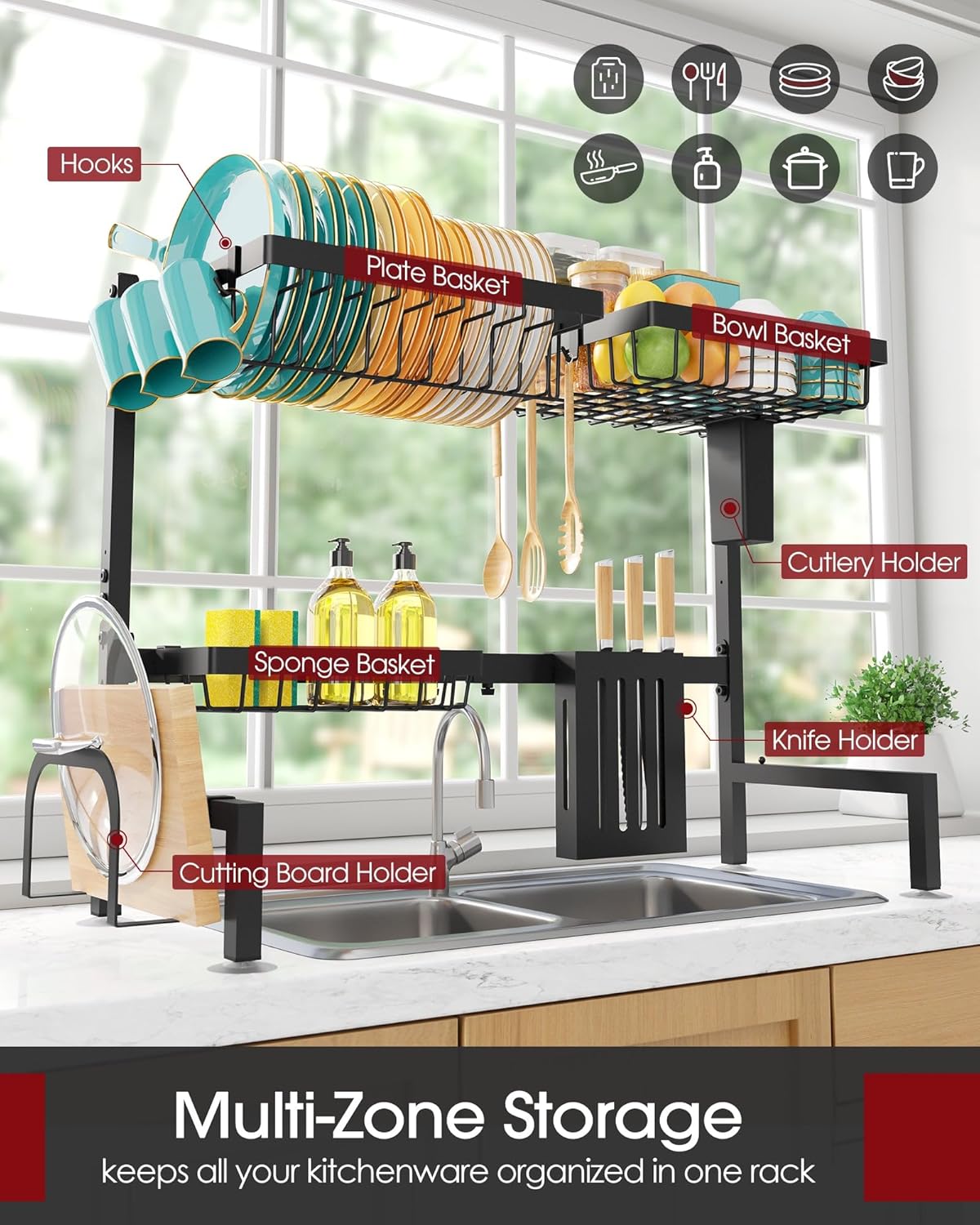 Over The Sink Dish Drying Rack - Adjustable 2 Tier Large Capacity Stainless Steel Drainer with Cutlery & Utensil Holders