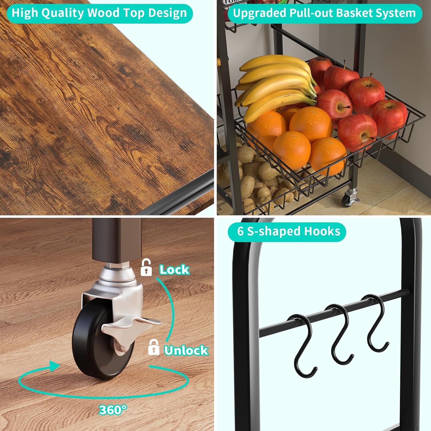 Rolling Kitchen Microwave Cart - 4 Tier Microwave Table Stand with Pull-Out Baskets, Coffee Bar Baker's Rack with Wheels