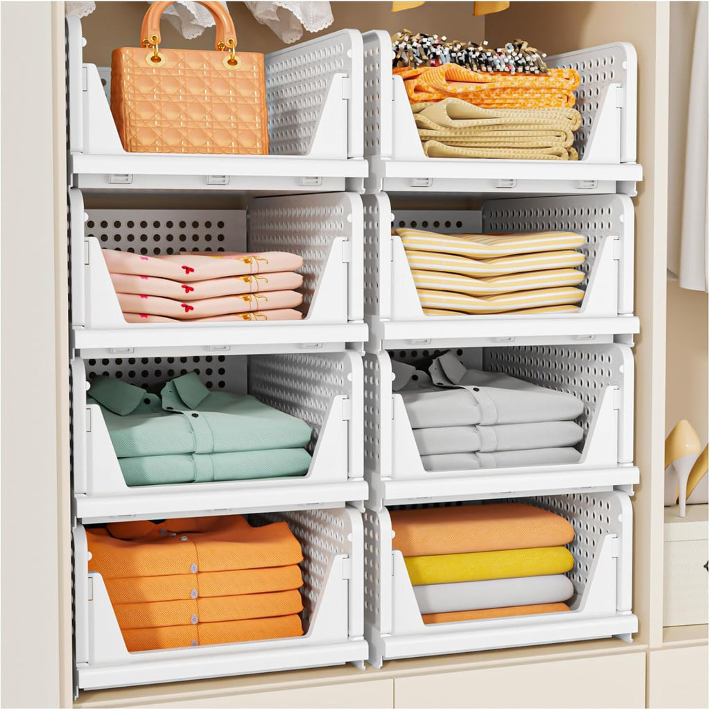 5 Pack Stackable Closet Storage Basket, Multifunctional & Foldable Closet Organizer