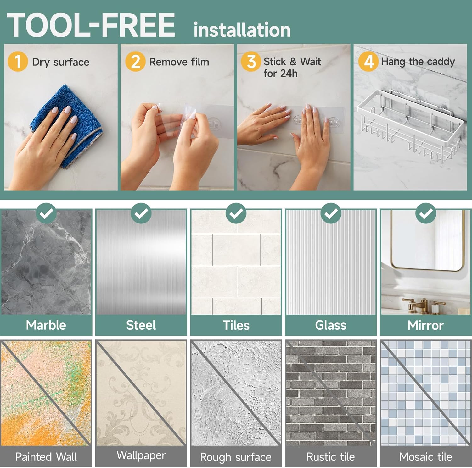 6-Pack Rustproof&Waterproof Shower Caddy, Adhesive Shelves Rack with Soap Holder, Large Bathroom & Washroom Organizer, No Drilling Wall-Mounted