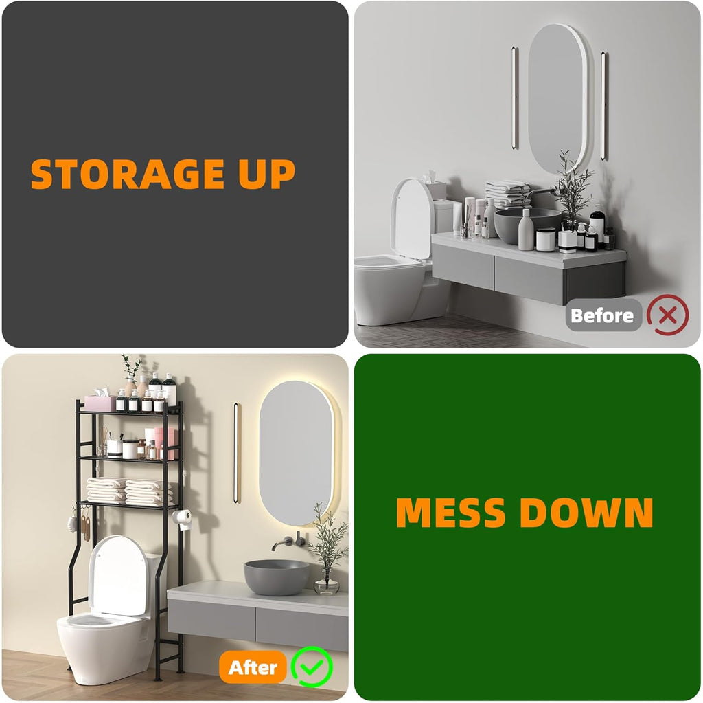 3-Tier Over The Toilet Storage, Space Saver Metal Bathroom Shelves, Freestanding Above Over Toilet Storage Shelf with 4 Hooks for Bathroom