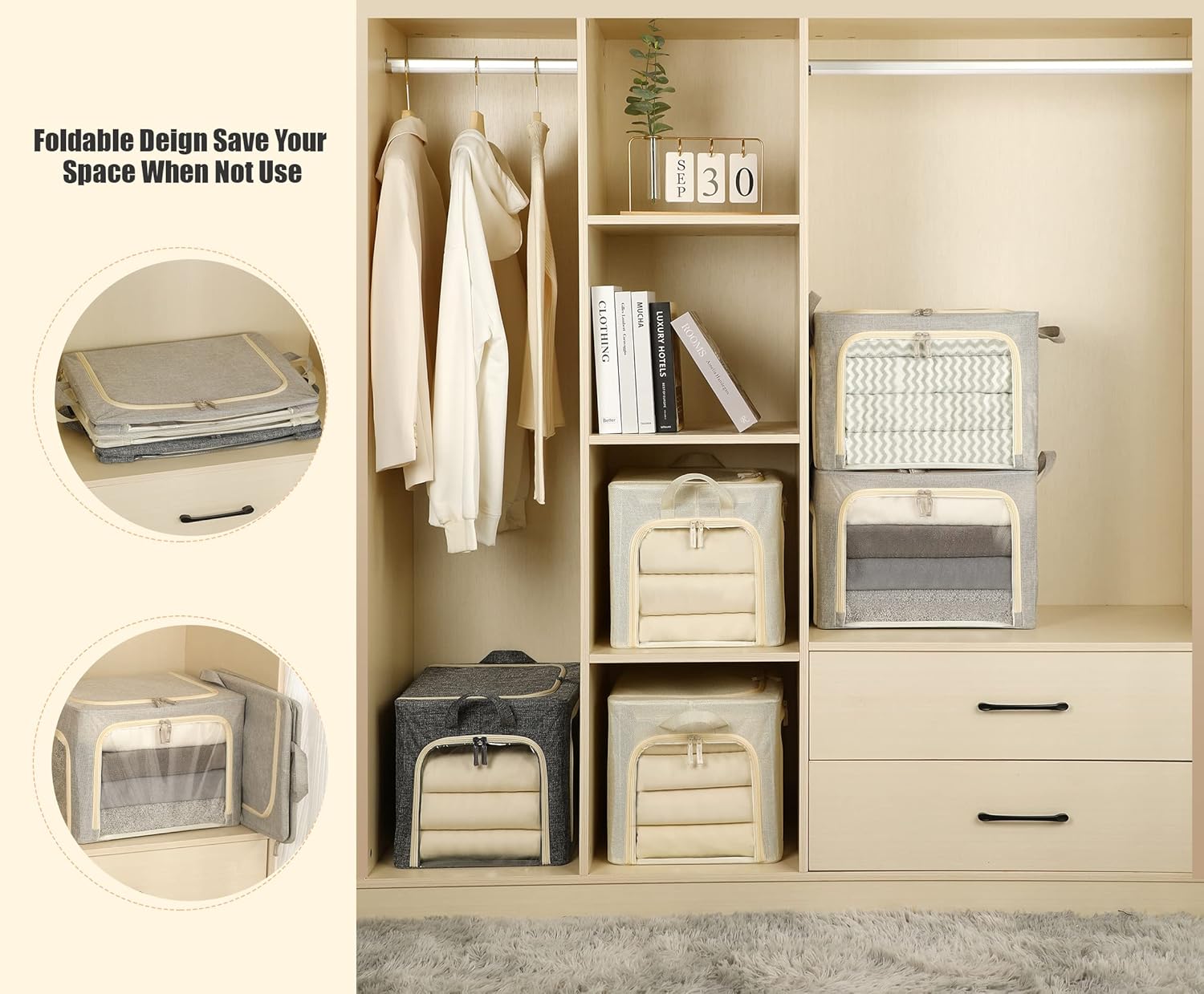 Clothing Storage Bins with Lid, Linen Storage Box With Clear Window＆ Zippers＆ Durable Handles.(3 Pcs,Light Grey,40L)