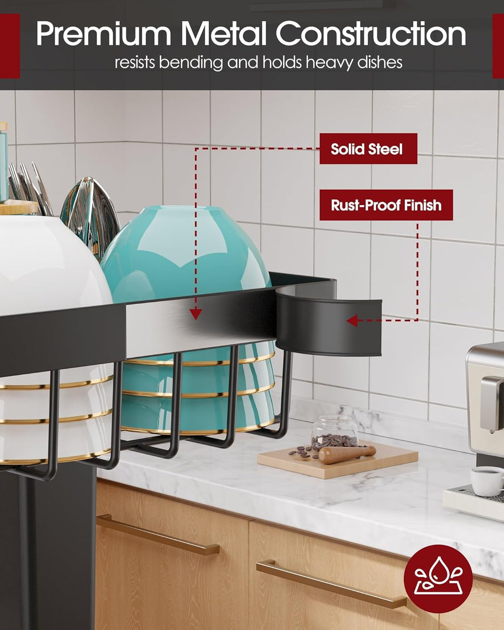 Over The Sink Dish Drying Rack - Adjustable 2 Tier Large Capacity Stainless Steel Drainer with Cutlery & Utensil Holders