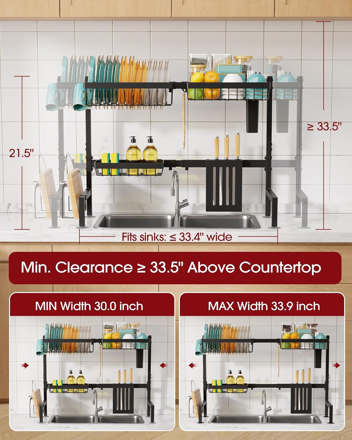 Over The Sink Dish Drying Rack - Adjustable 2 Tier Large Capacity Stainless Steel Drainer with Cutlery & Utensil Holders