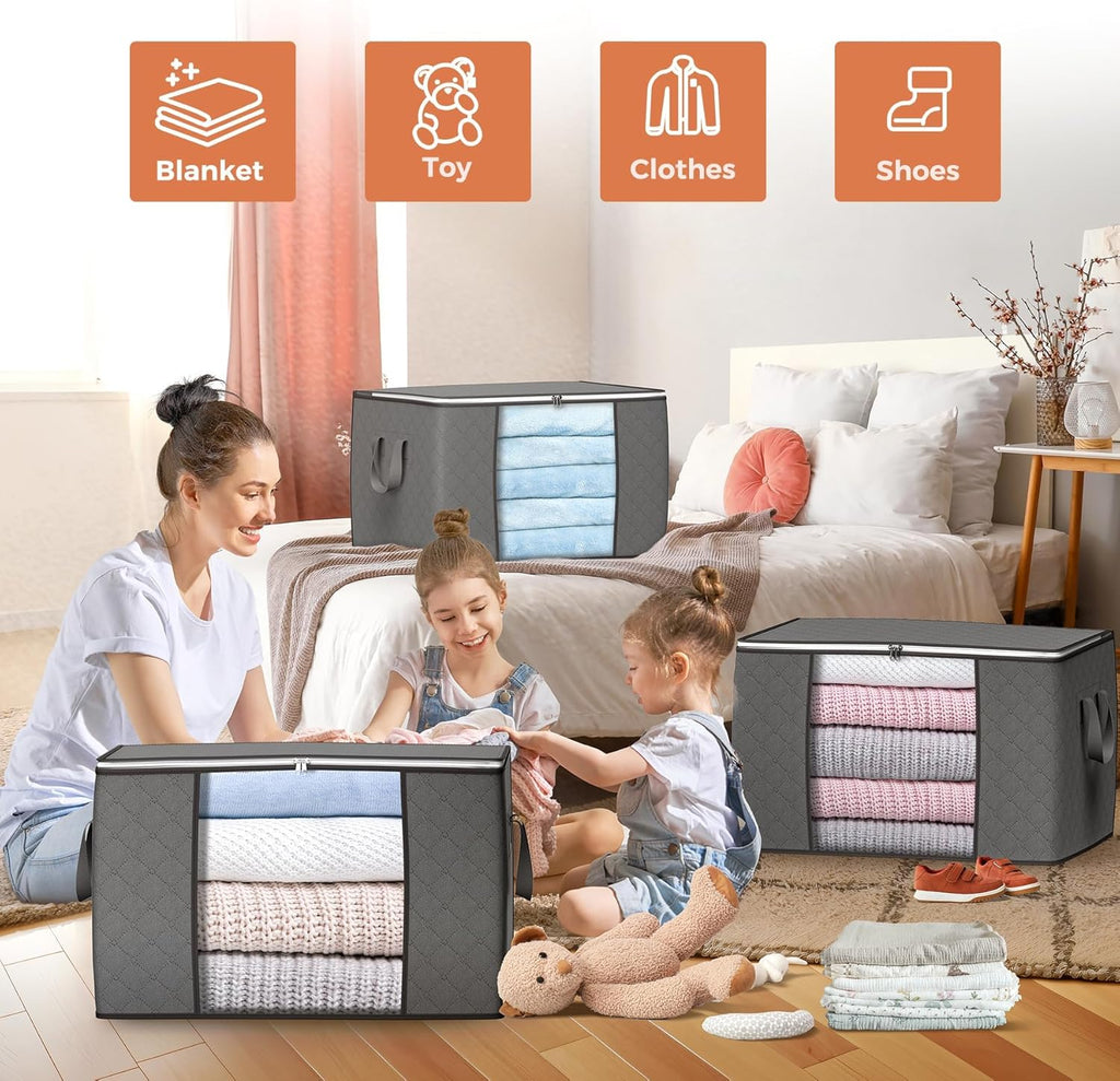 90 L Large Storage Bags, 6 Pack Clothes Storage Bins Foldable Closet Organizers