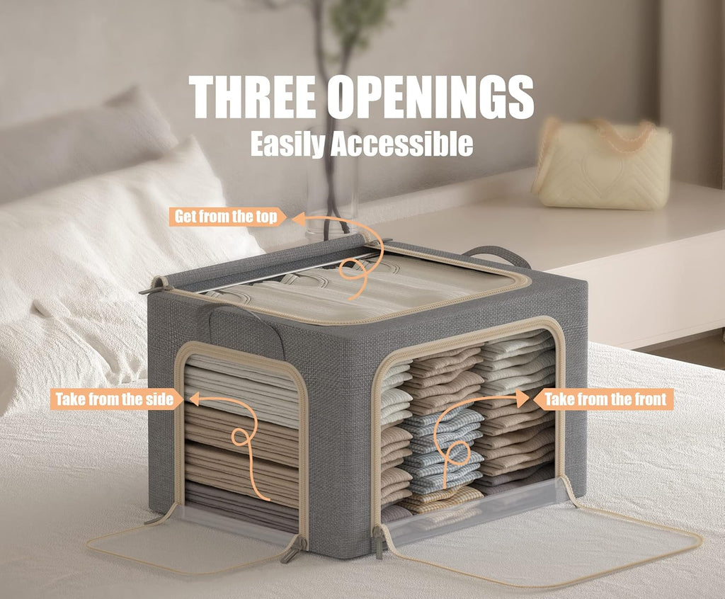 Clothing Storage Bins with Lid, Linen Storage Box With Clear Window＆ Zippers＆ Durable Handles.(3 Pcs,Light Grey,40L)